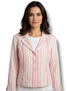Lily Pink Satin Lined Pink Striped Cotton Blazer.  Women’s Size Large